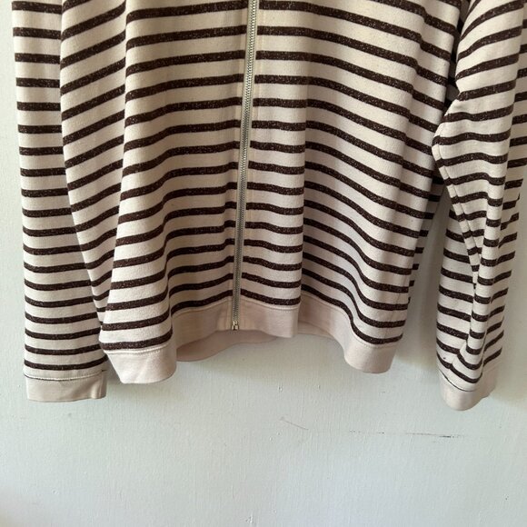 Onque Casuals Zip Front Hoodie Womens Large Cream Brown Striped Cozy Minimalist - Picture 2 of 5